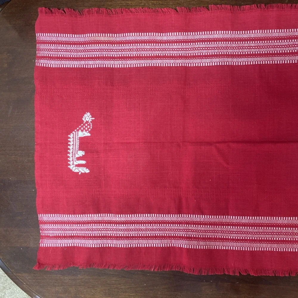 Vintage Woven Red Table Runner‎ White Stripes Peacocks Birds Fringe